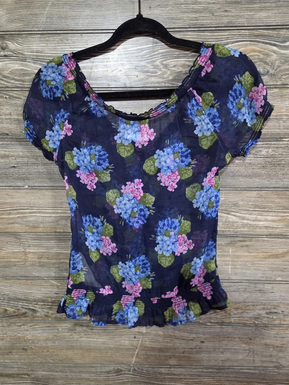 Abercrombie & Fitch Women's Medium Navy Floral Sheer Ruffle Peplum Blouse